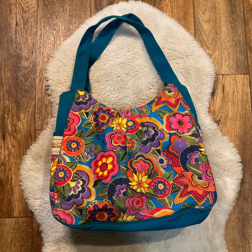 Laurel Burch Blue and Red Tote Bag with Psychedelic Paisley Print